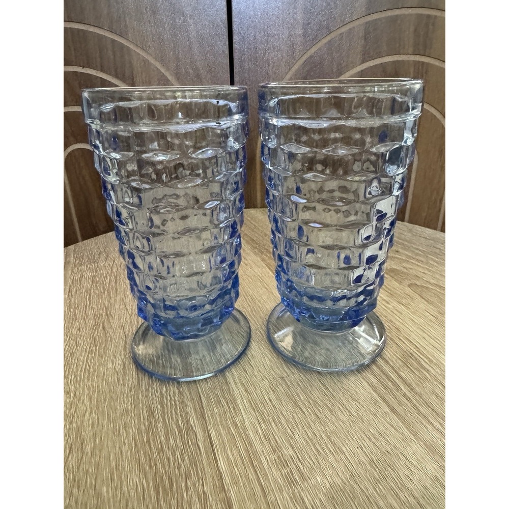 Vintage (2) Indiana Glasses Whitehall Colony "Cubist" Blue Footed Tumblers